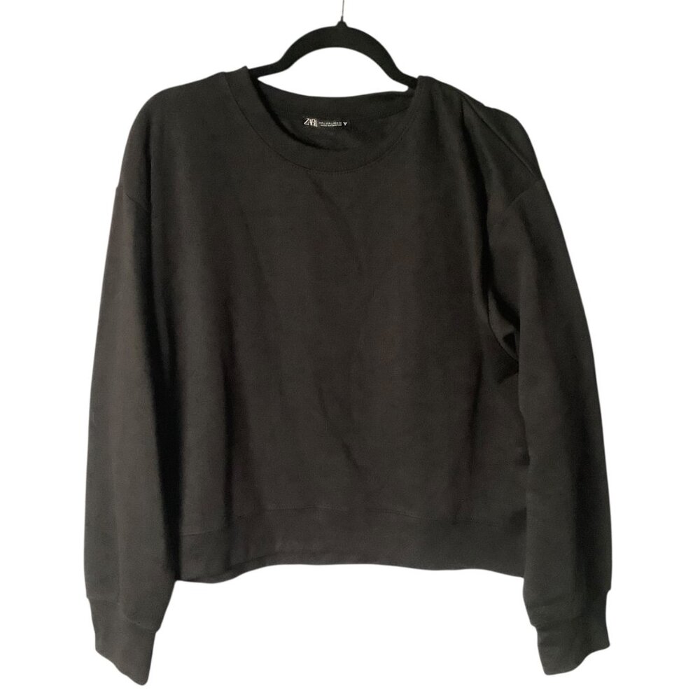 Zara Women Large Black‎ Boxy Crop Sweatshirt Soft Comfy Pullover Basics